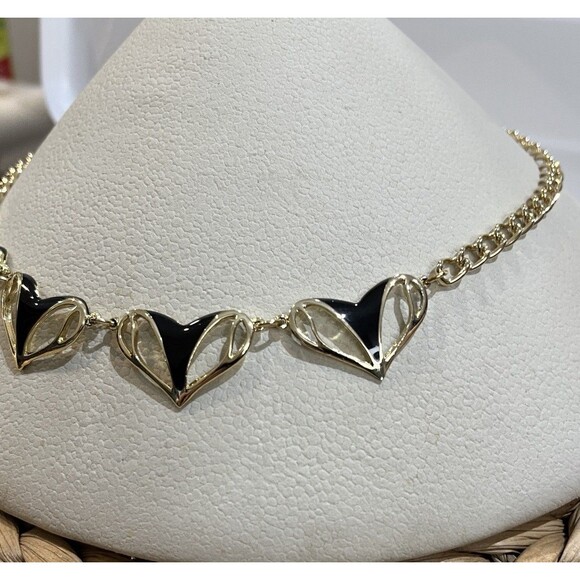 VTG Chunky Black & Gold Tone Heart Choker Necklace 16" WhimsiGoth Dark Fairy - Picture 3 of 6